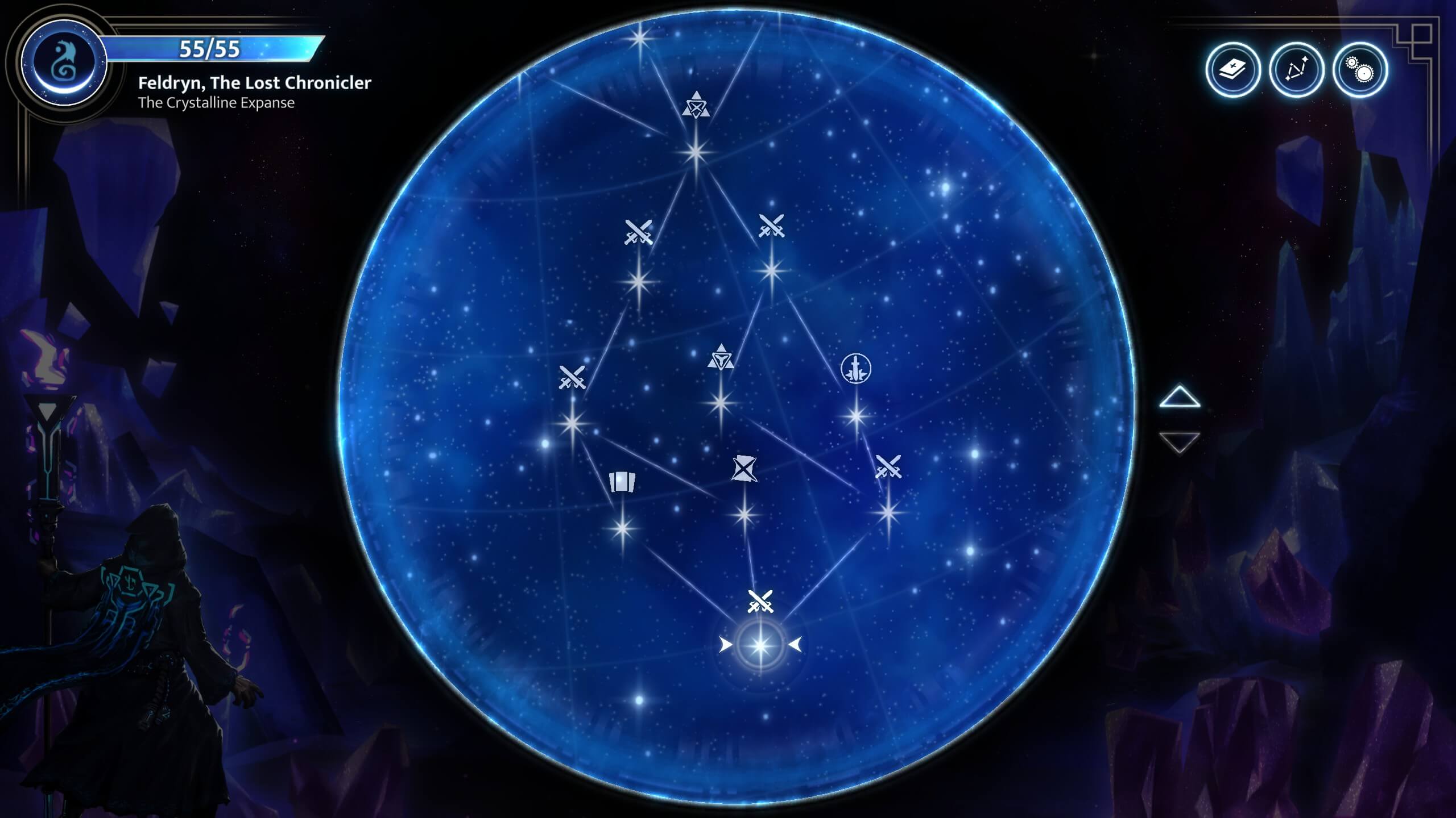 Star map interface with a character named Feldryn, The Lost Chronicler, in a dark crystalline cave setting.