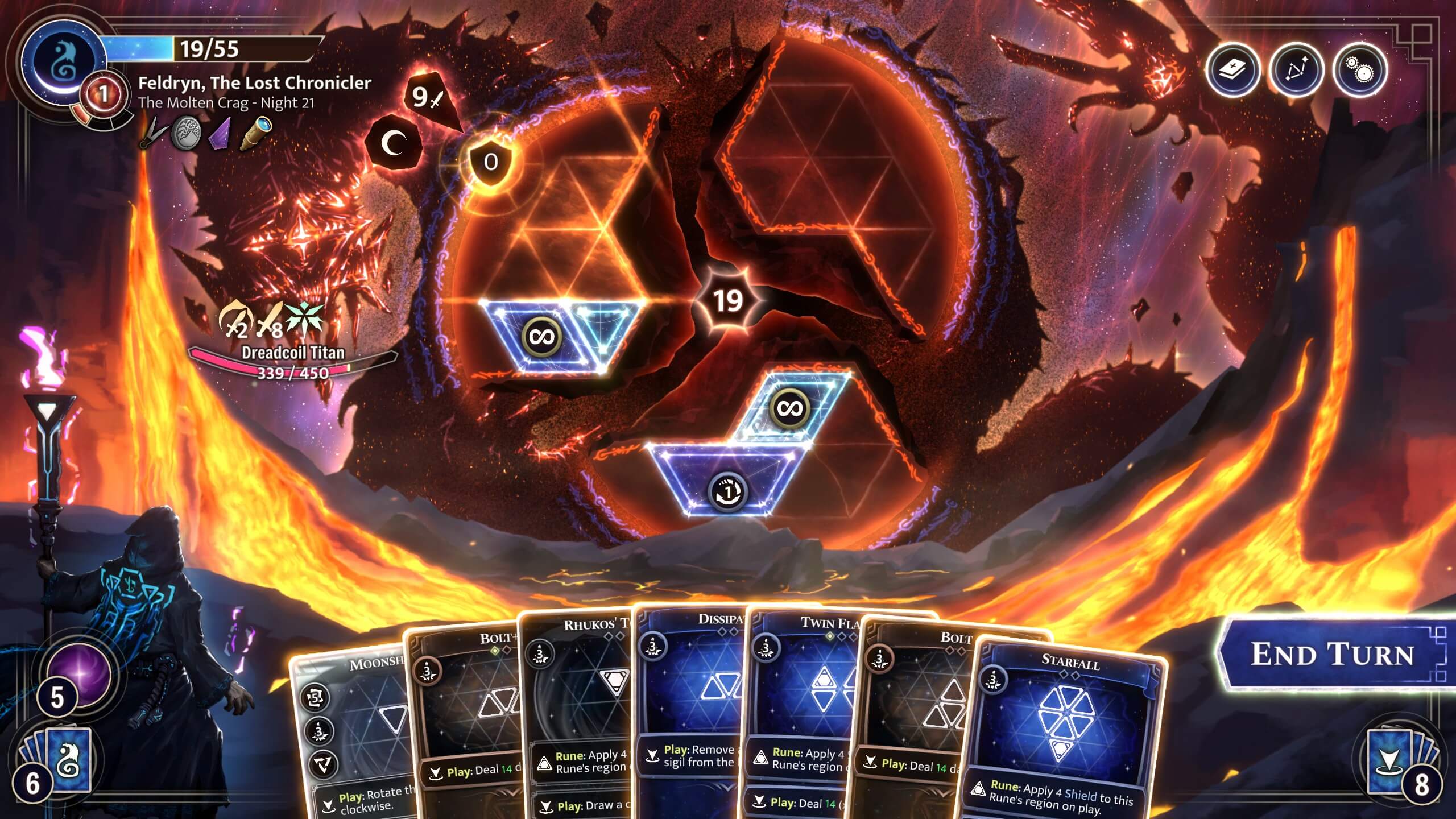 Turn-based fantasy card game battle interface showing a player casting spells against a fiery Dreadcoil Titan boss.