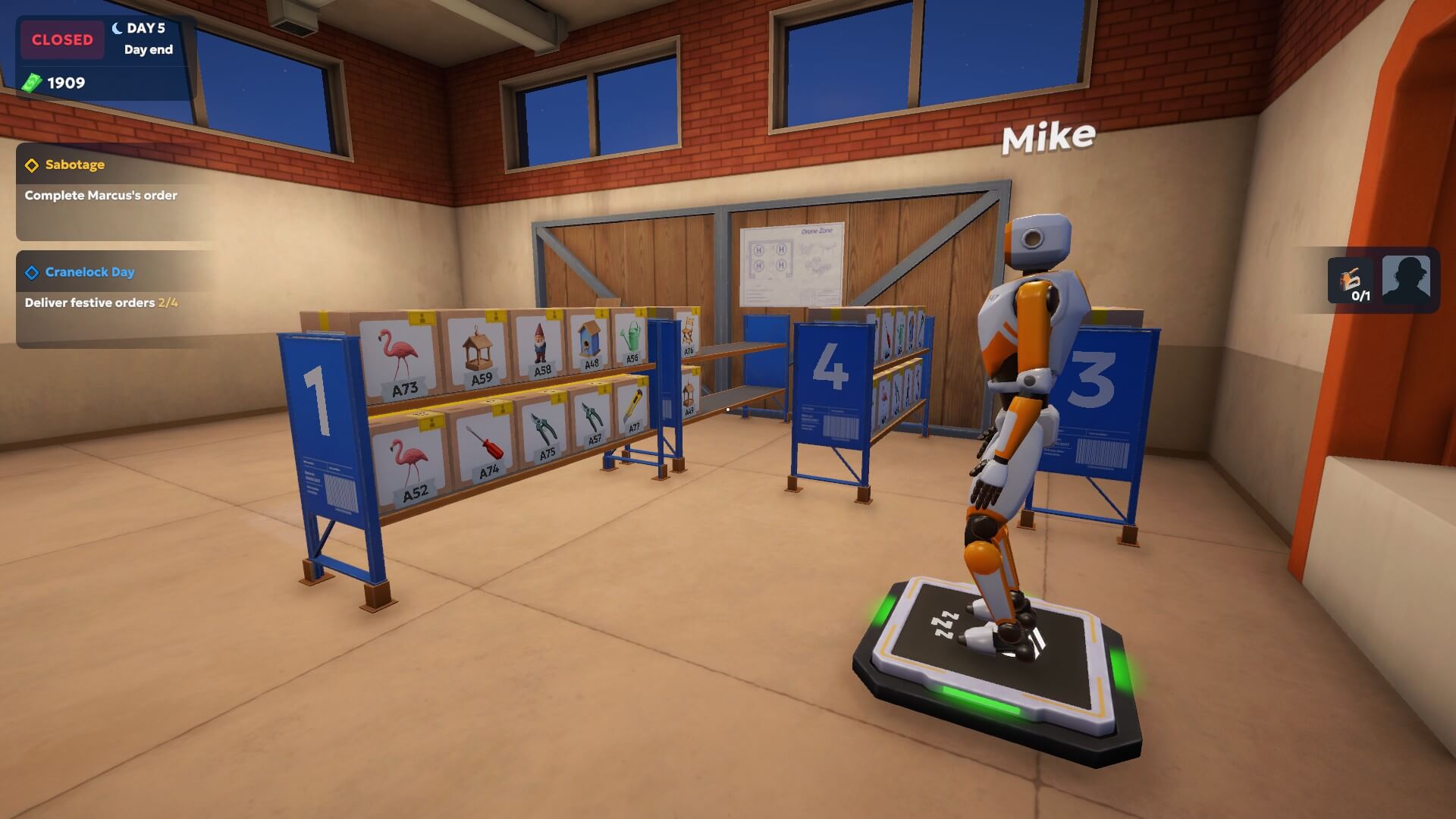 A humanoid robot is stood on a charging platform overlooking a few shelves in a warehouse. He is called Mike. Day 5, day end.