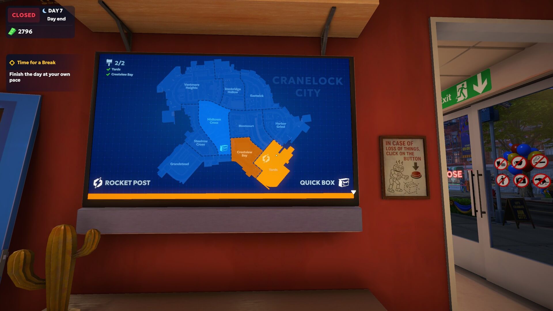 A map of Cranelock City on a wall. The city is divided into 10 sectors and each has a colour to represent which company holds the main delivery contact for that area. one orange to show that rocket post is better and one is blue to say that Quick box is better. There is a zone turning orange to suggest that Rocket Post is starting to dominate.