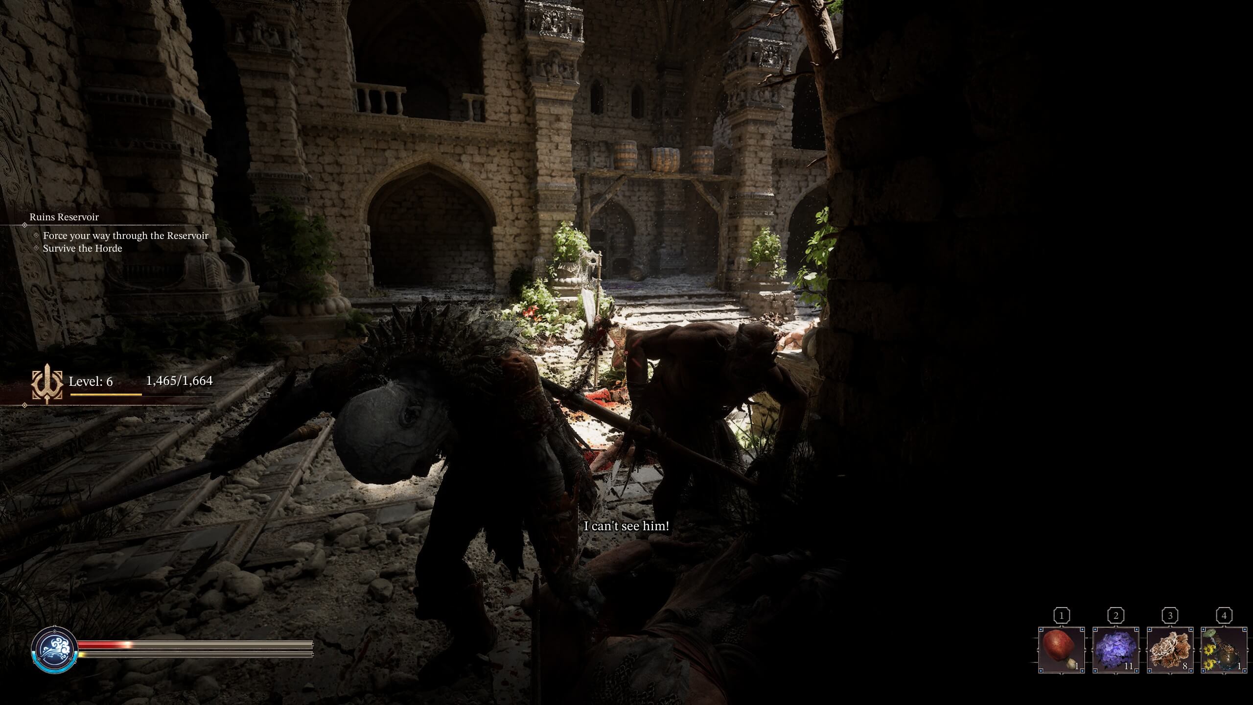 Dark, ruined stone courtyard with monstrous creatures wielding weapons in a tense battle scene from a video game.