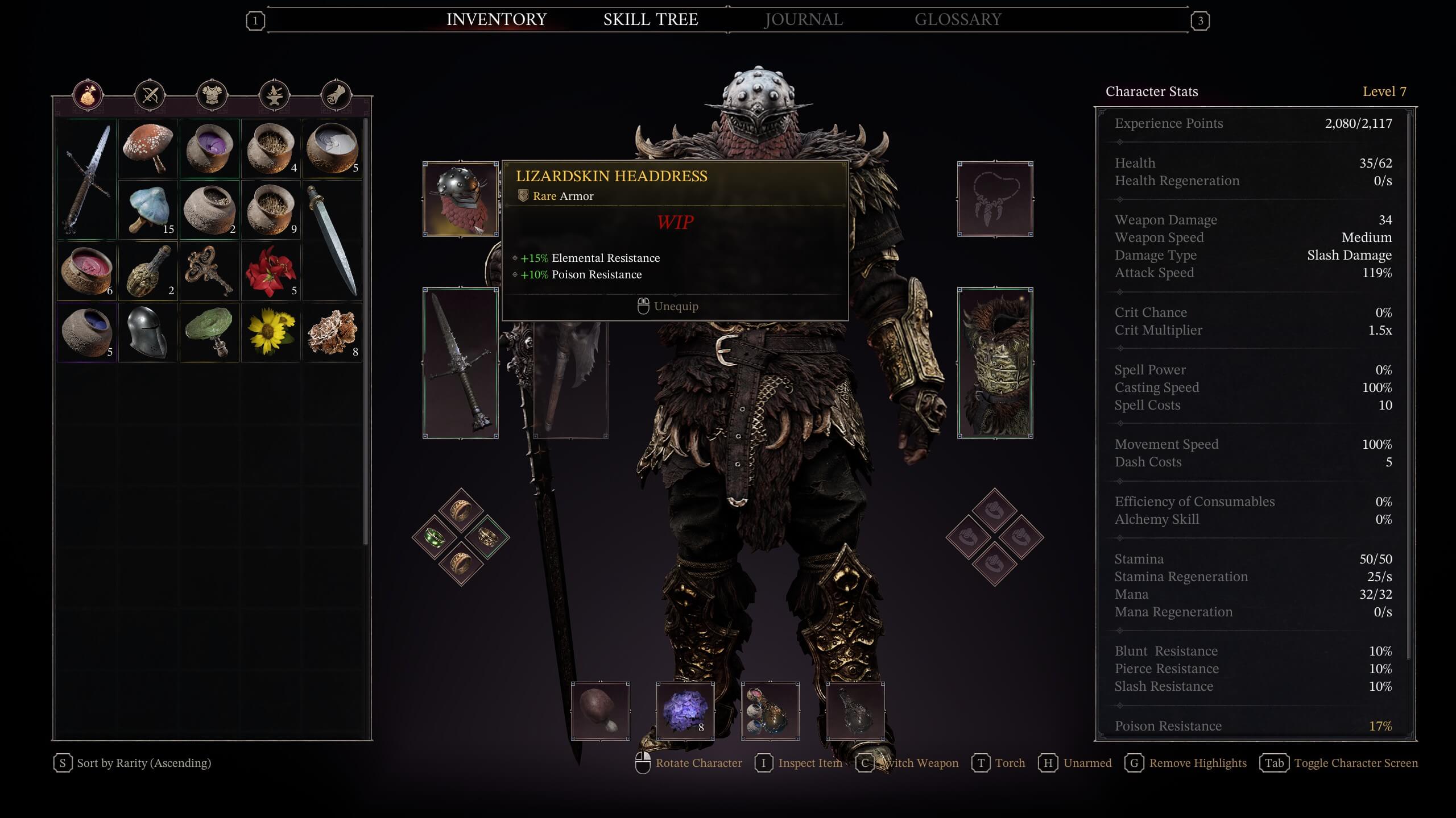 Inventory and character stats screen from a dark fantasy game, showing equipped Lizardskin Headdress and various items.