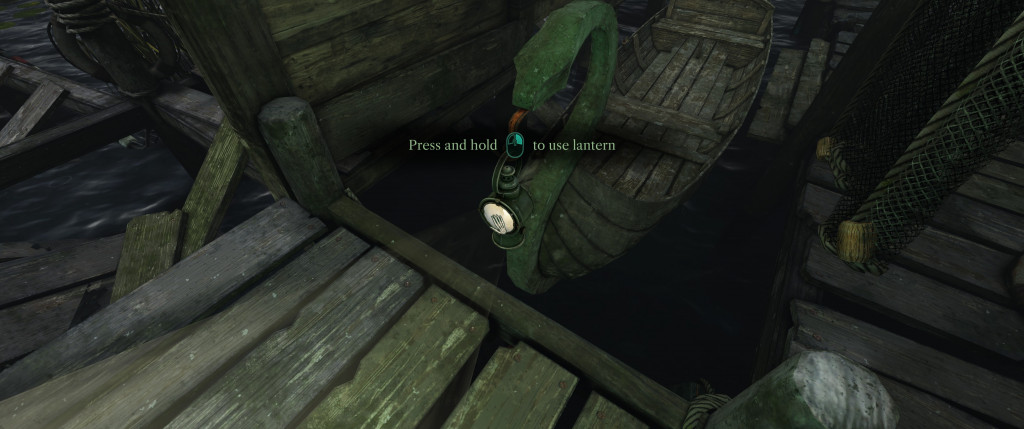 A dimly lit wooden dock with a green, vintage lantern hanging. Text overlay reads "Press and hold [button] to use lantern," creating a mysterious mood.