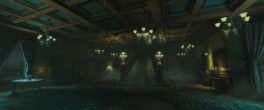 Dimly lit grand foyer with a wide staircase and ornate chandeliers. The room has a haunted, mysterious ambiance with shadows and mist.