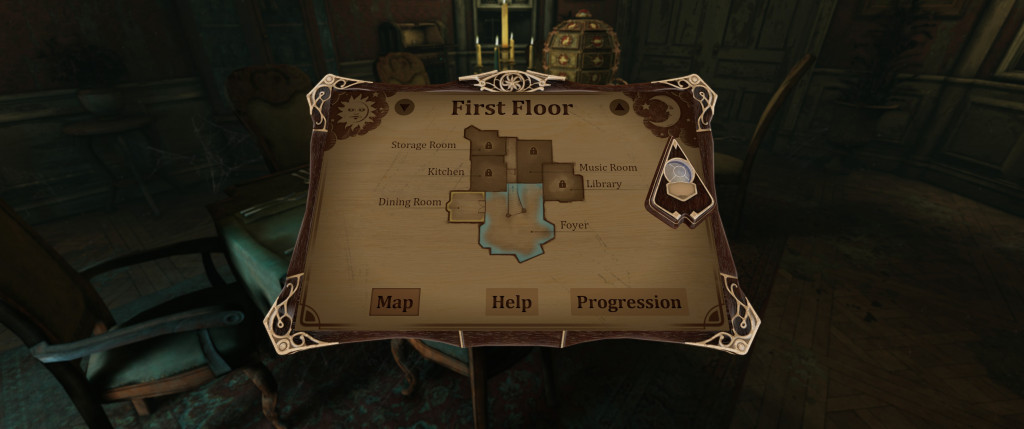 A vintage-style floor plan map labeled "First Floor" displays rooms like Storage, Kitchen, and Library. Buttons for Map, Help, and Progression are at the bottom.