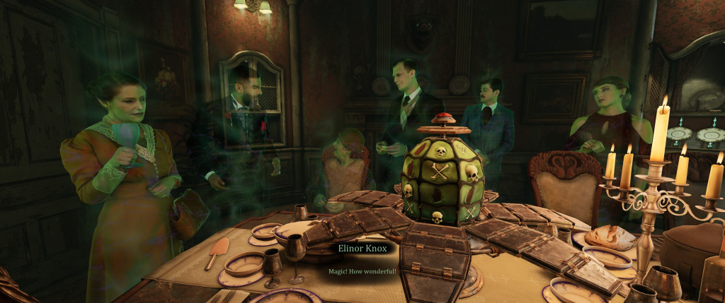 A Victorian-style dining room with six people, some ghostly, gathered around a table. A central ornate object emits a green mist, creating a mysterious atmosphere.