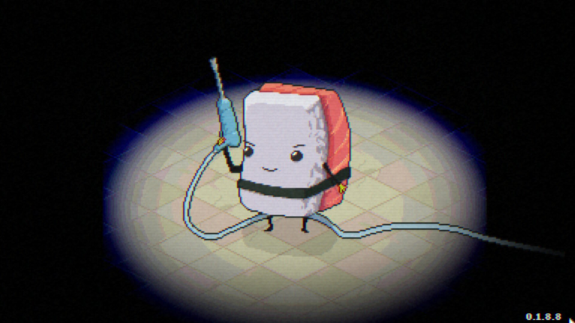 A piece of sushi is stood in a spotlight holding a pressure washer.