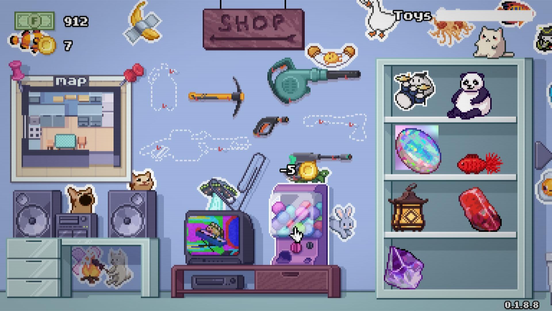 A room with various items and objects around. There are tools on the wall, with cutouts showing where more tools will appear. Stickers are plastered all around with various images. For example, rice creature playing drums, a banana with tape, and cat with it's mouth open.
