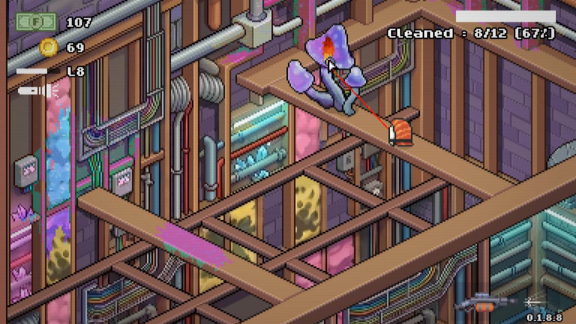 The little sushi is burning down a mushroom, which he is found inside a wall. The wall itself is covered in pipes, wire and pink asbestos.