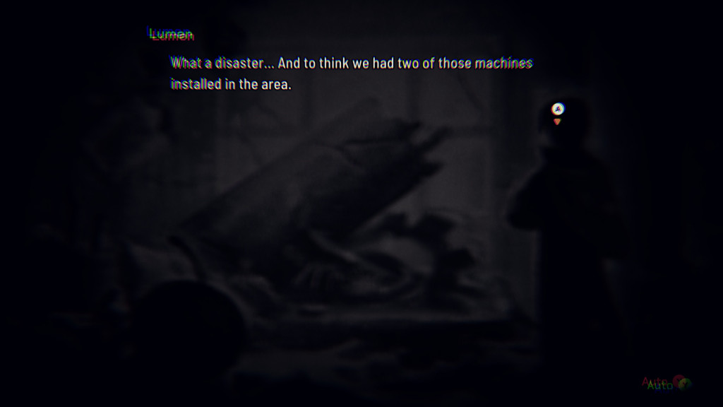 In a dark scene, a figure named Lumen remarks on the disaster and mentions having two machines installed in the area.
