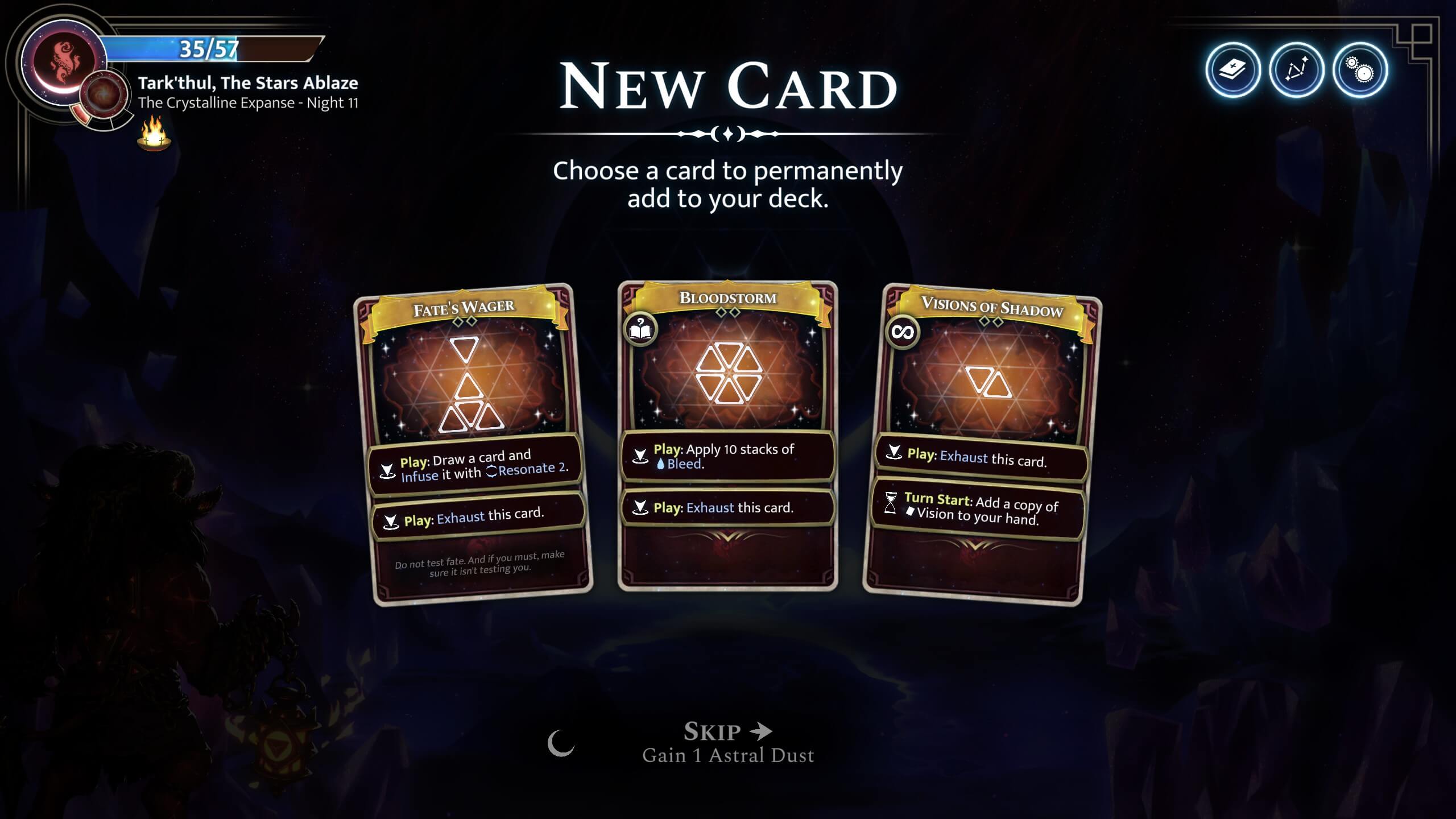 Game screen showing three new cards—Fate's Wager, Bloodstorm, and Visions of Shadow—to add to the player's deck in a dark, mystical setting.