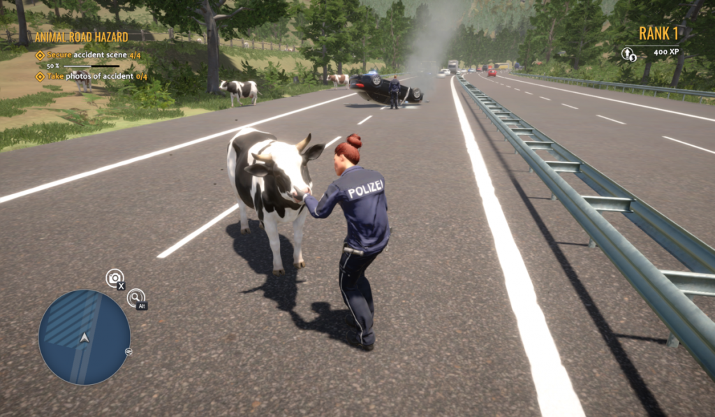 Police officer pets cows on the freeway