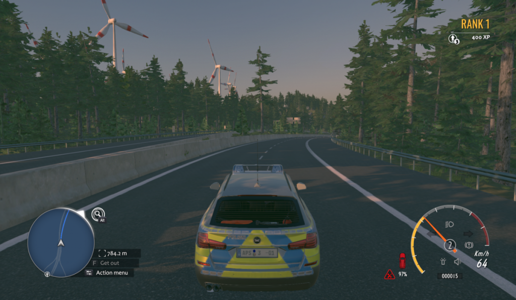 Driving German police car on freeway at dusk