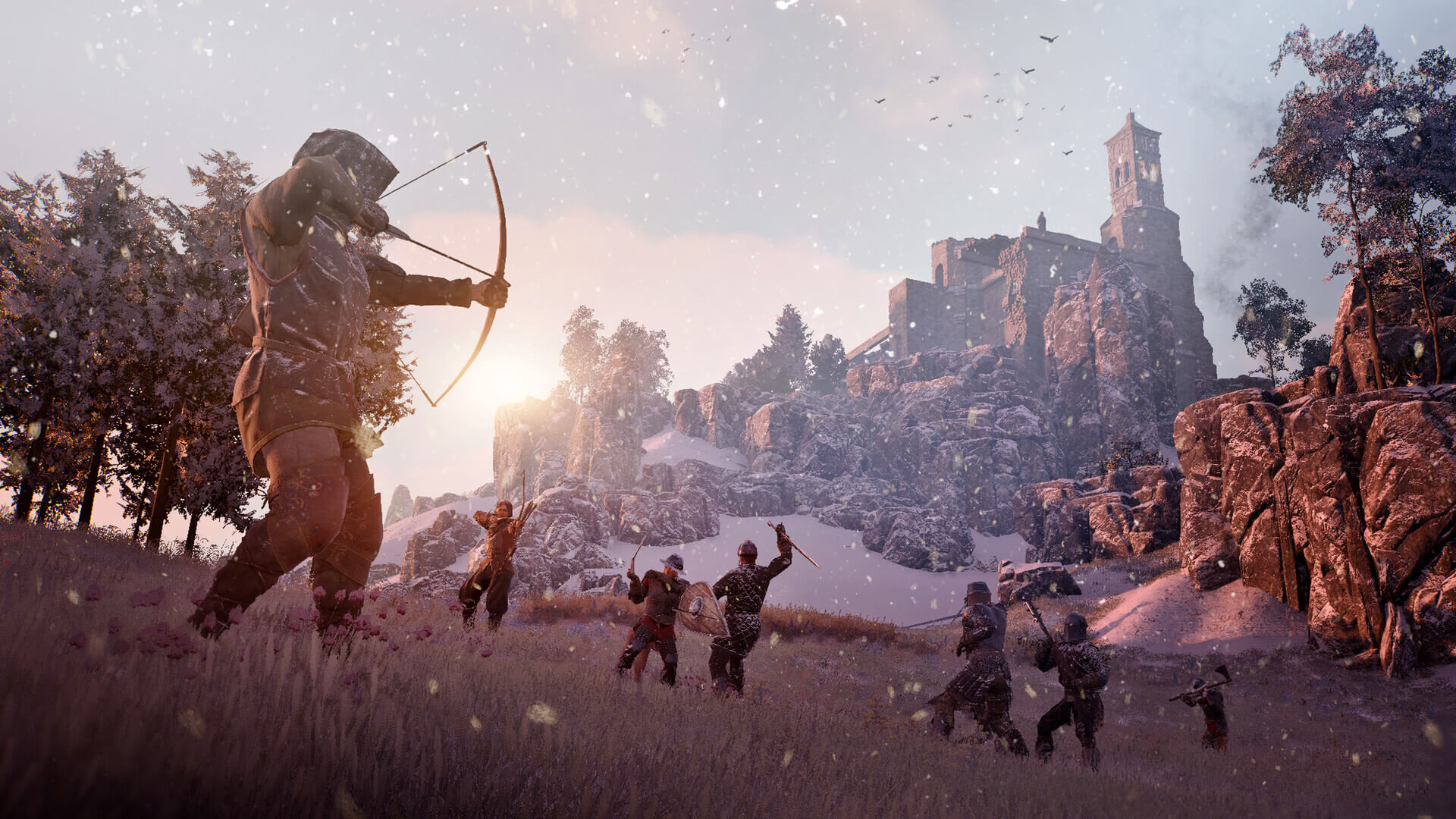 A battle between two pairs of swordsman rages in the snow. Two archers can be seen aiming at the group.