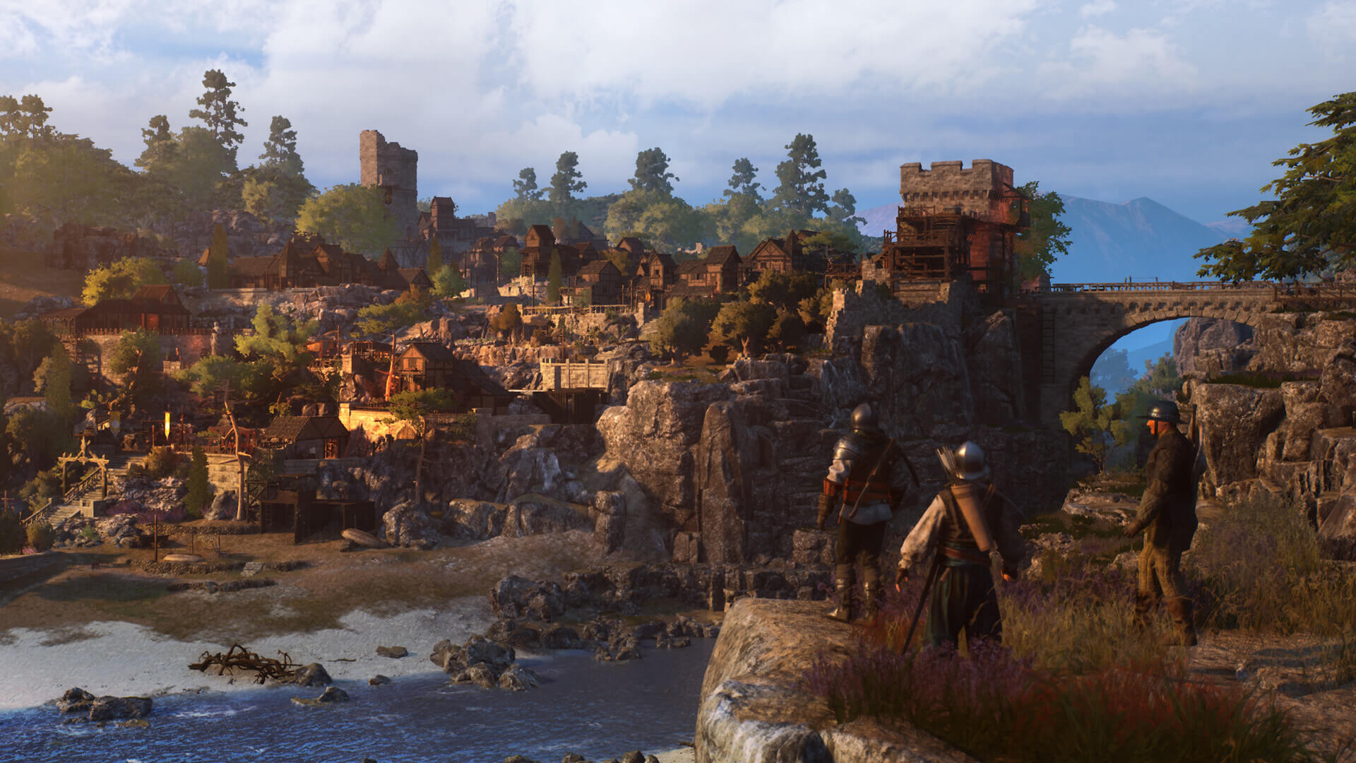 Three guards stand on a cliff edge overlooking a large town settled against a cliff face.