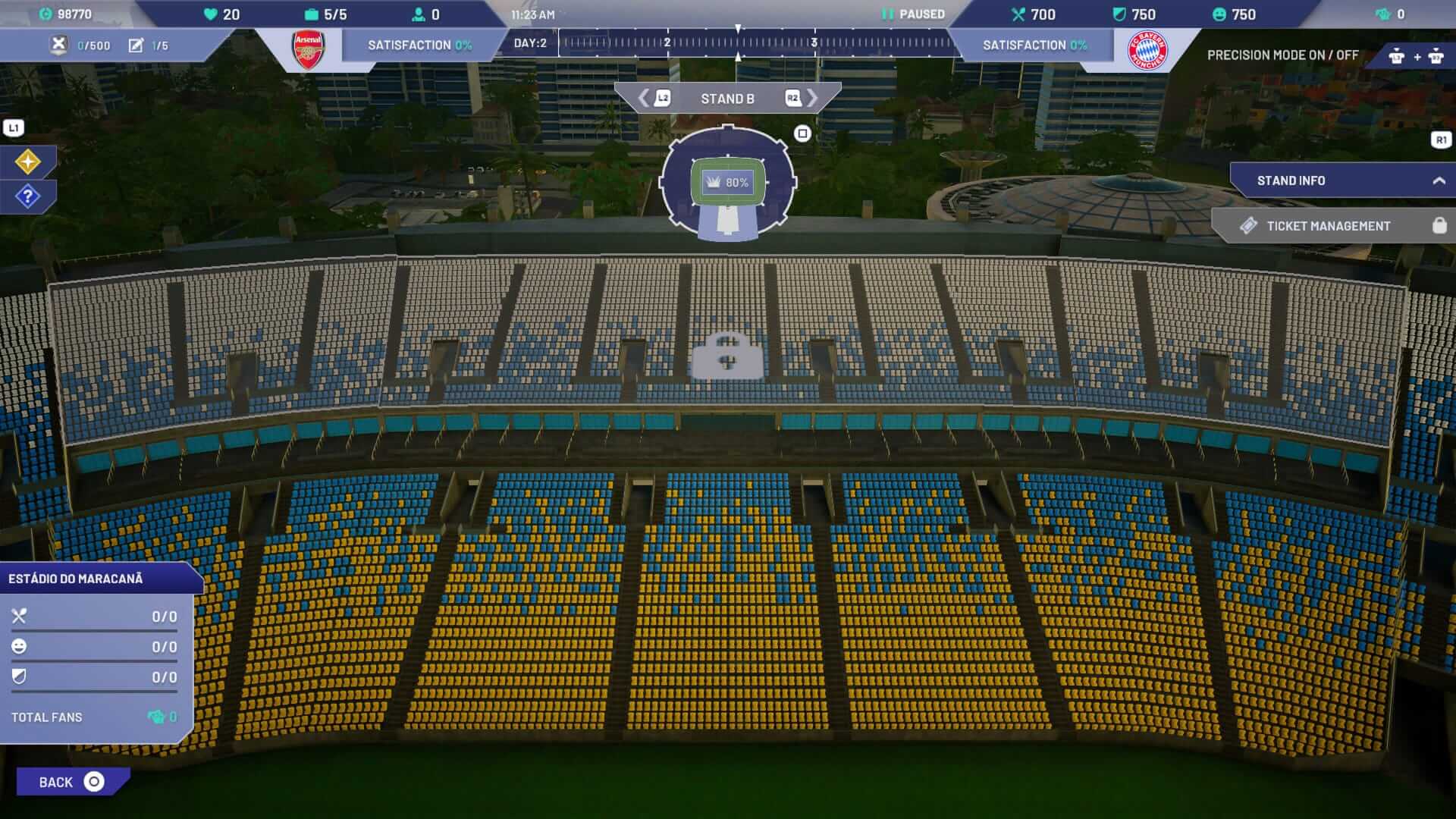 Aerial view of a stadium with blue and yellow seating, showcasing empty stands and digital management interface for ticketing.