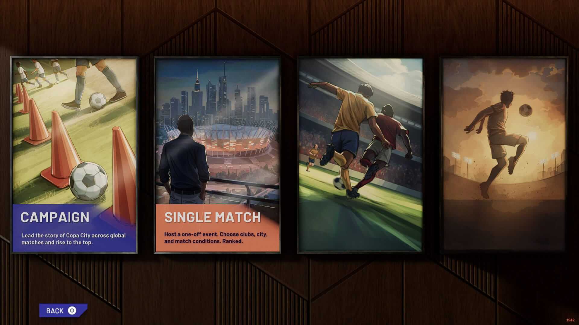 Game modes menu in Copa City that shows four posters on the wall of various football iconography. The modes include Campaign and Single Match, The two other posters are just for display 