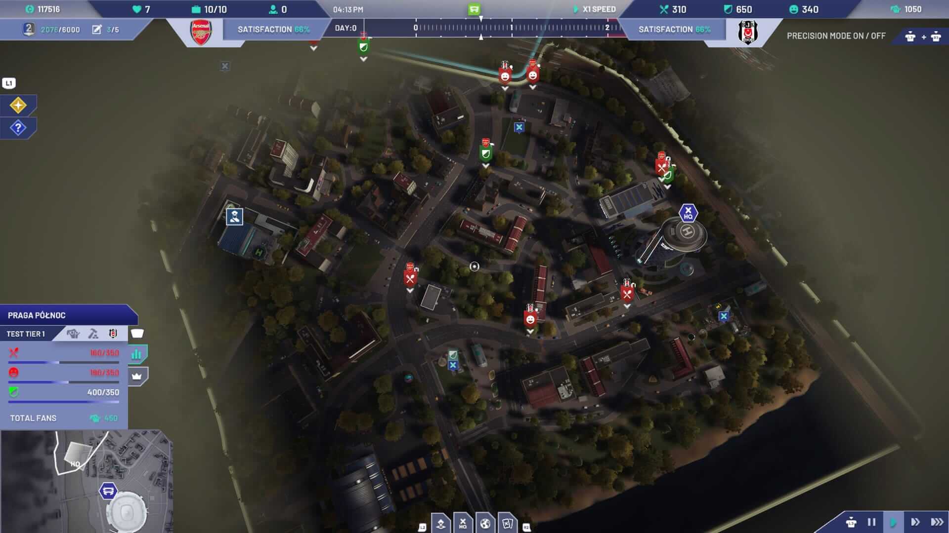 Aerial view of a city layout featuring buildings, roads, and various markers indicating locations and statuses.