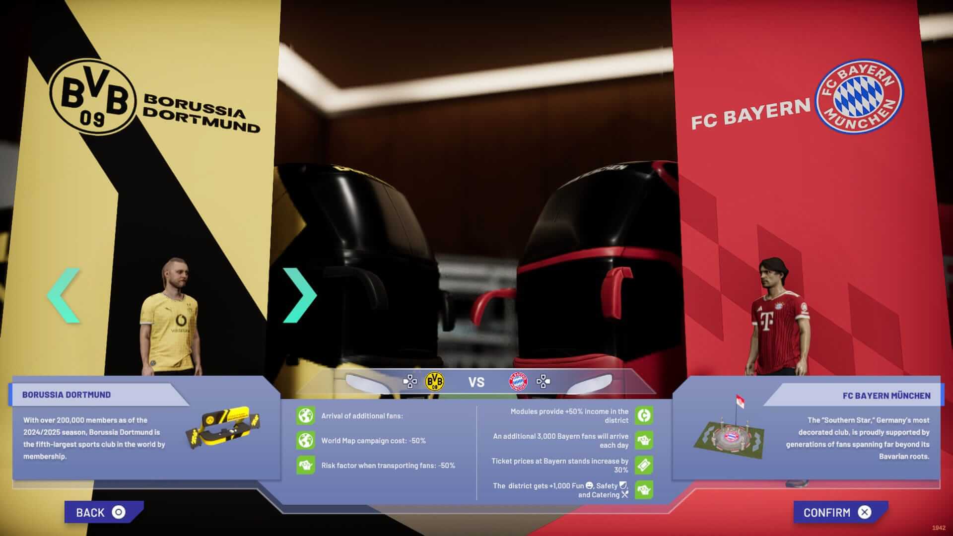 Borussia Dortmund and FC Bayern Munich team selection screen in a sports video game, showcasing player options and statistics.