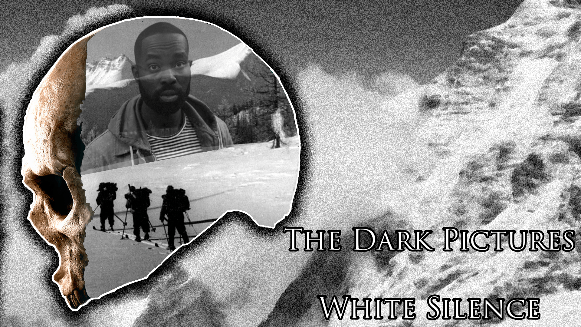 A black-and-white image of a snowy mountain shows a man's face within a skull shape on the left, climbers trekking in snow below. "The Dark Pictures: White Silence" in bold text.