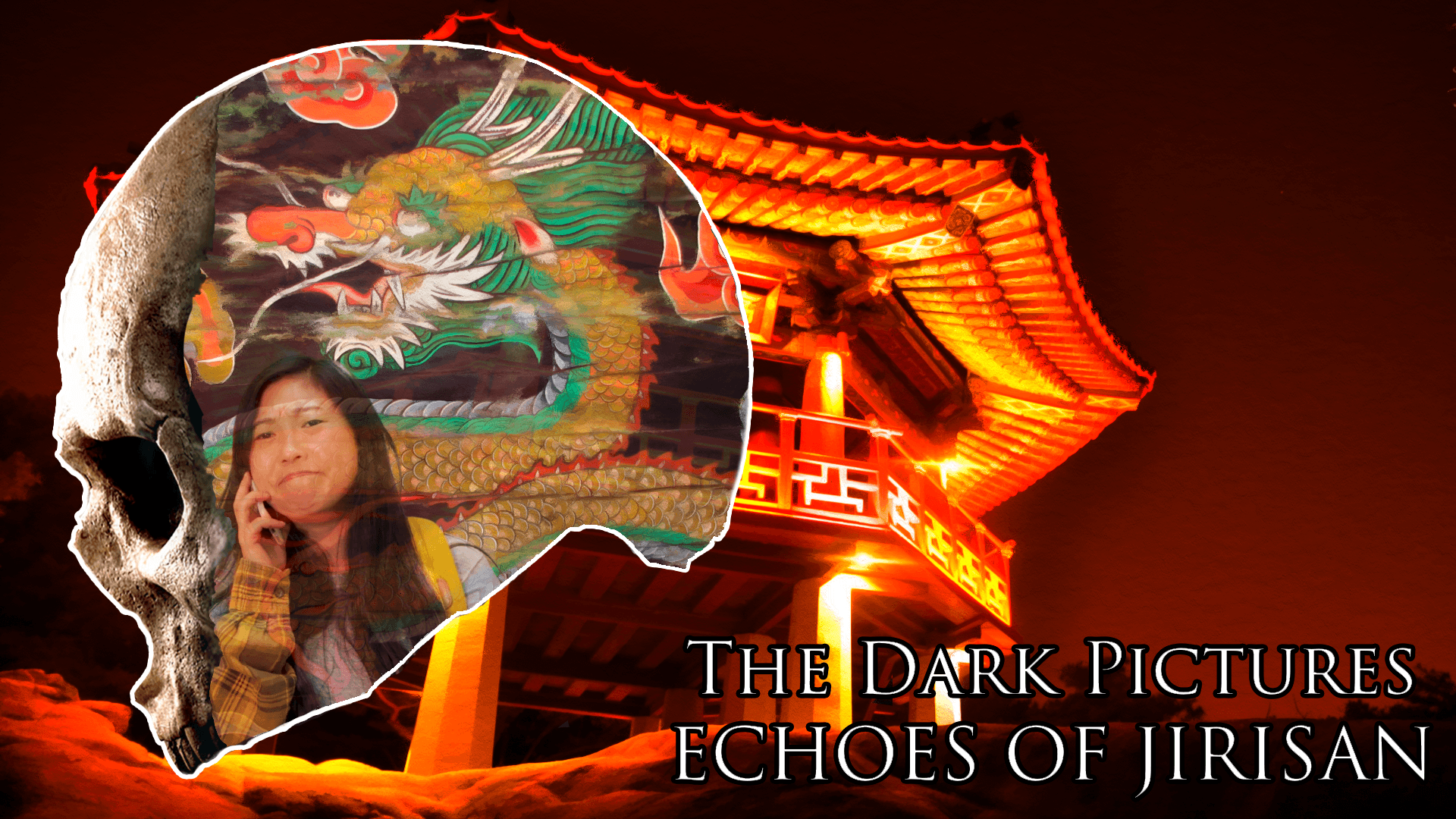 Cover image for 'The Dark Pictures: Echoes of Jirisan' featuring a glowing traditional Asian structure at night. A translucent skull overlays an image of a woman on the phone, with a vivid dragon mural in the background.