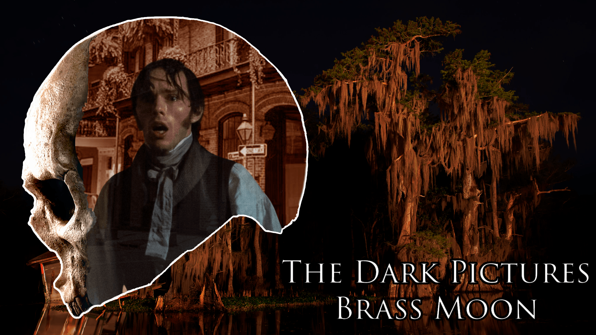 A man looks shocked inside a skull silhouette with a backdrop of a spooky, moss-covered tree at night. Text reads "The Dark Pictures: Brass Moon."