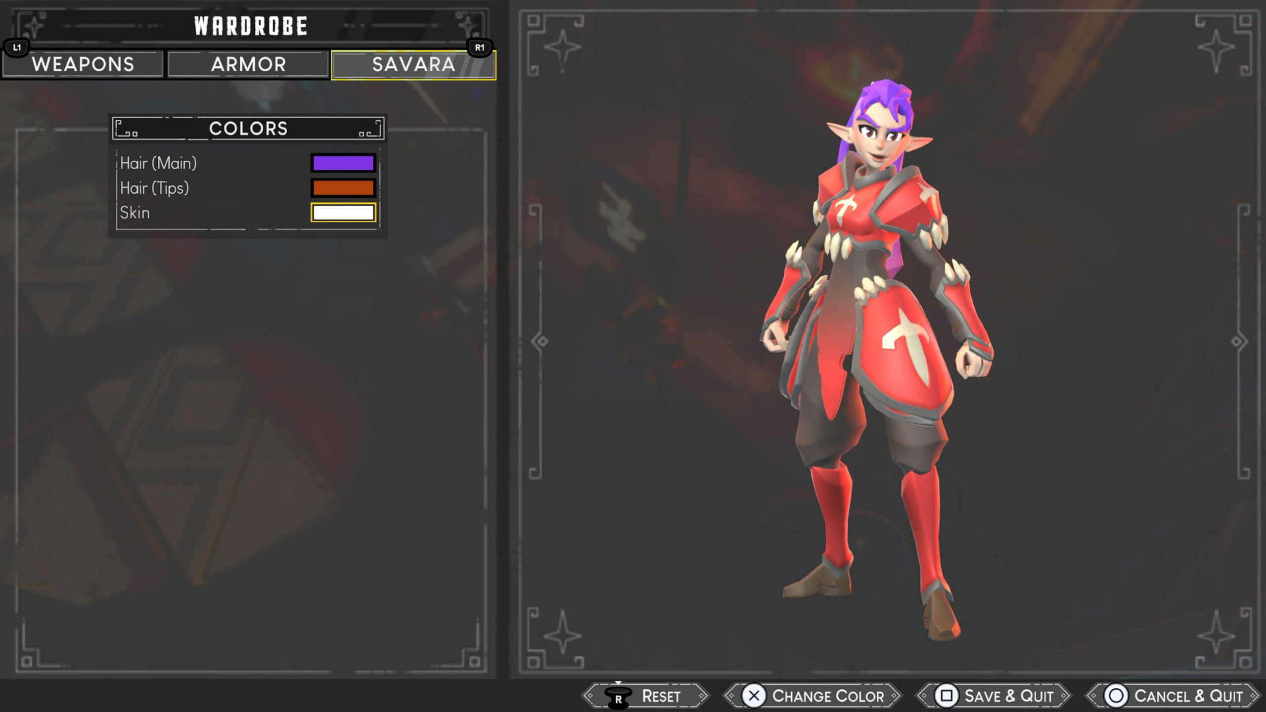 A fantasy game character creation screen shows a purple-haired elf warrior in red and black armor. The interface displays options for weapon and armor customization.