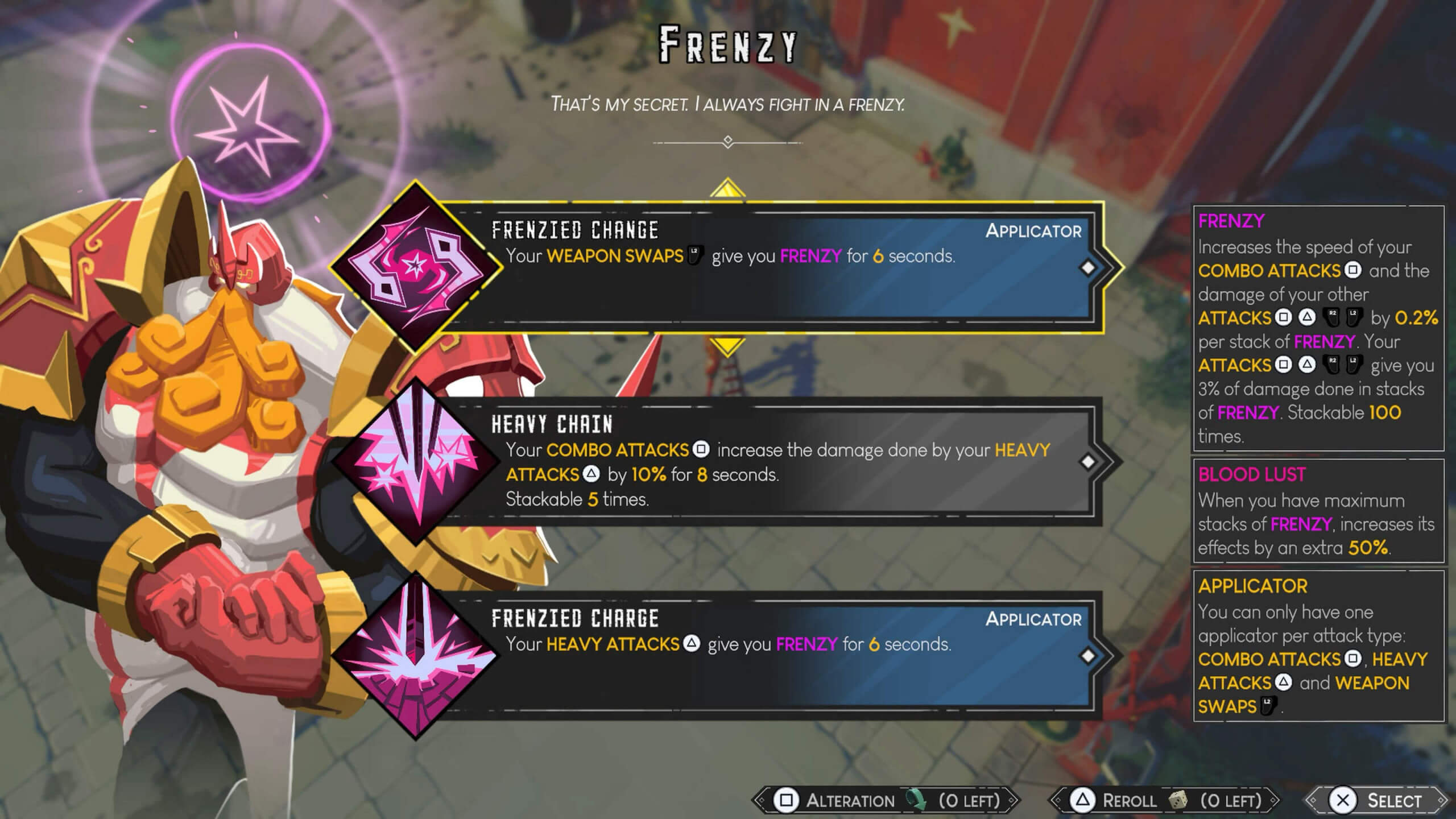 A video game interface showing a character with armor and glowing orbs, featuring three ability cards labeled "Frenzied Charge" and "Heavy Chain." The background has a star emblem and text details abilities and effects.