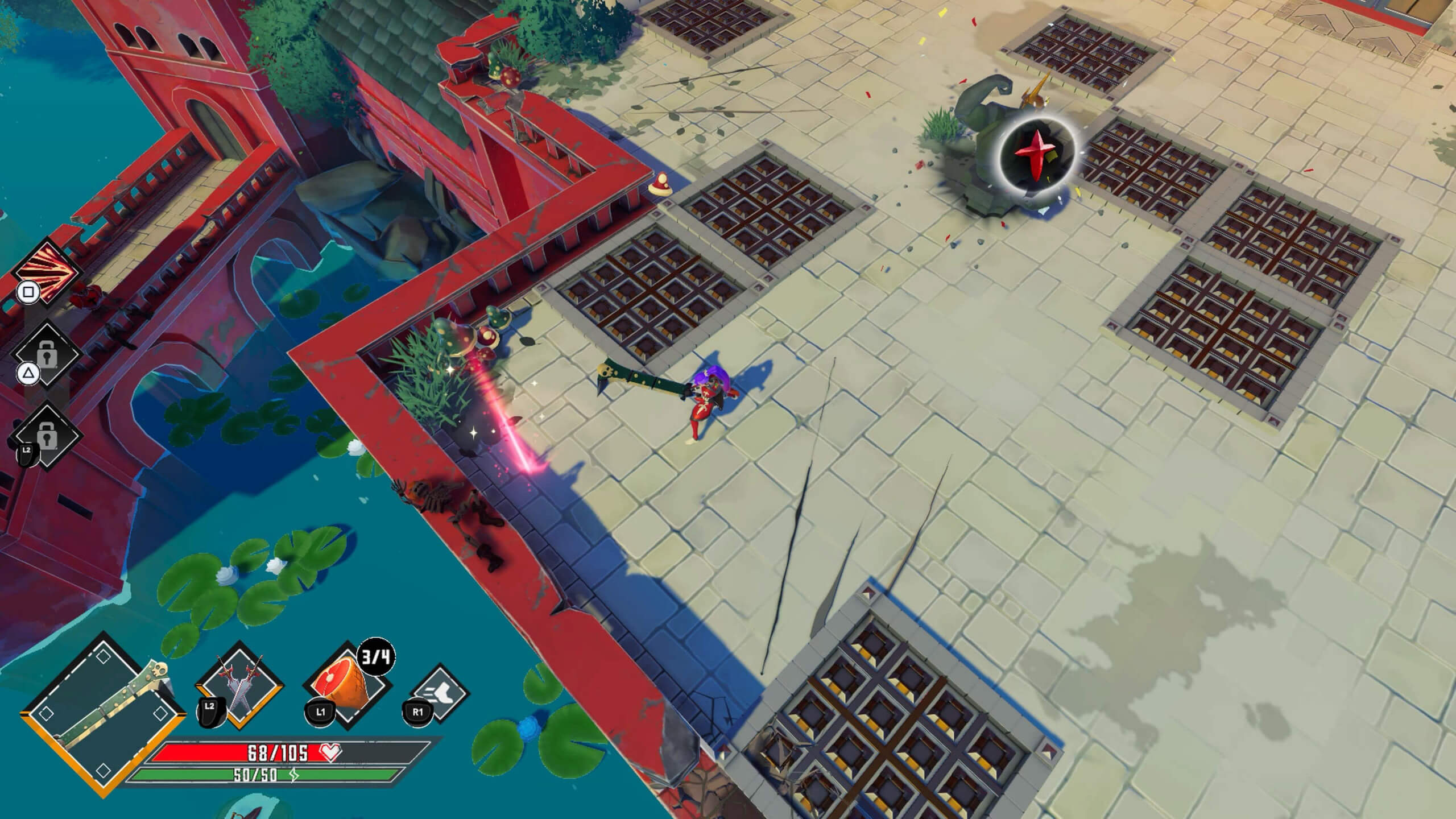 A top-down view of a video game scene showing a character on a bridge with a colorful sword. A red walking path is surrounded by water with lily pads. A black swirl with a red "X" hovers on a tiled area, suggesting an enemy or target. Game interface elements are visible.