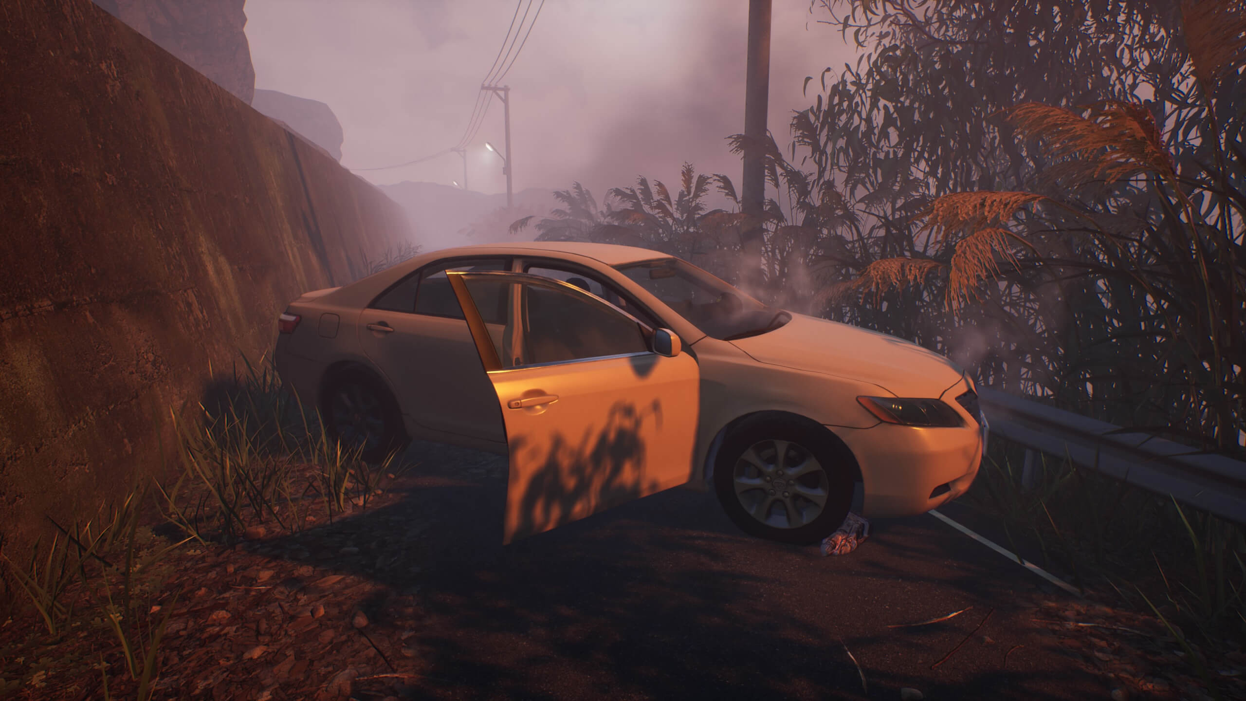 A white car blocking a road with its door left open. There seems to be smoke coming from the hood of the car itself, showing internal damage.