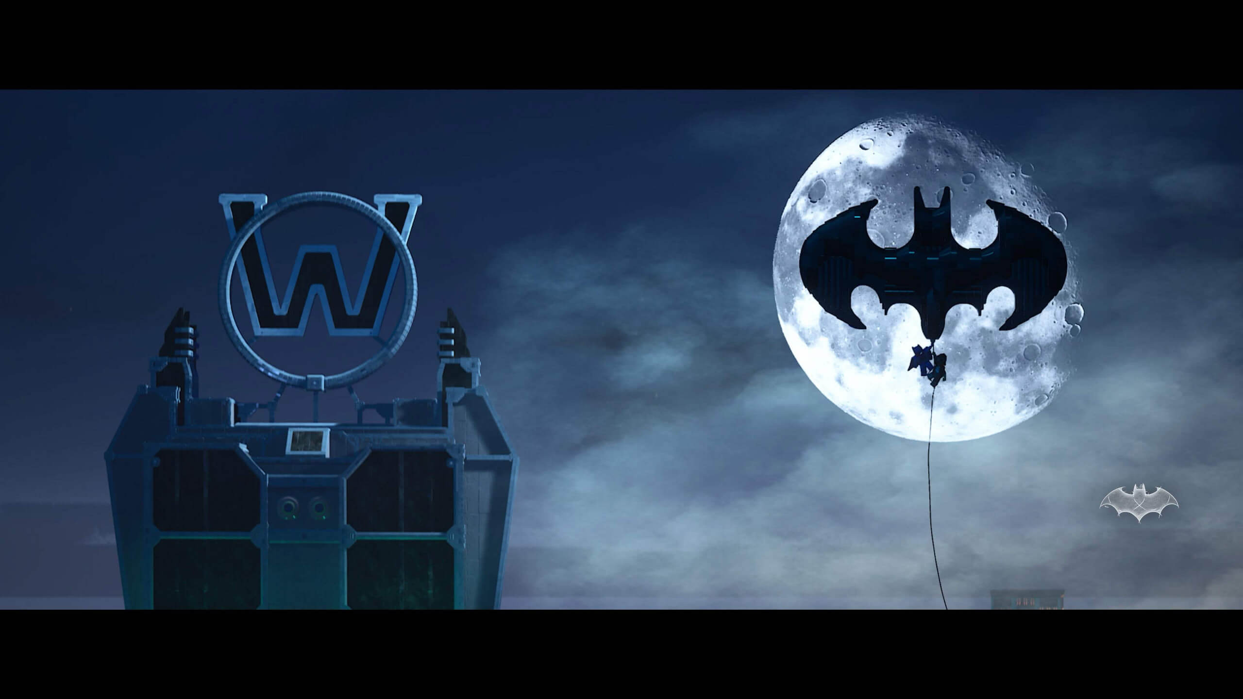 screenshot of the game showing a batman shaped balloon in front of the moon with a wayne tech logo next to it