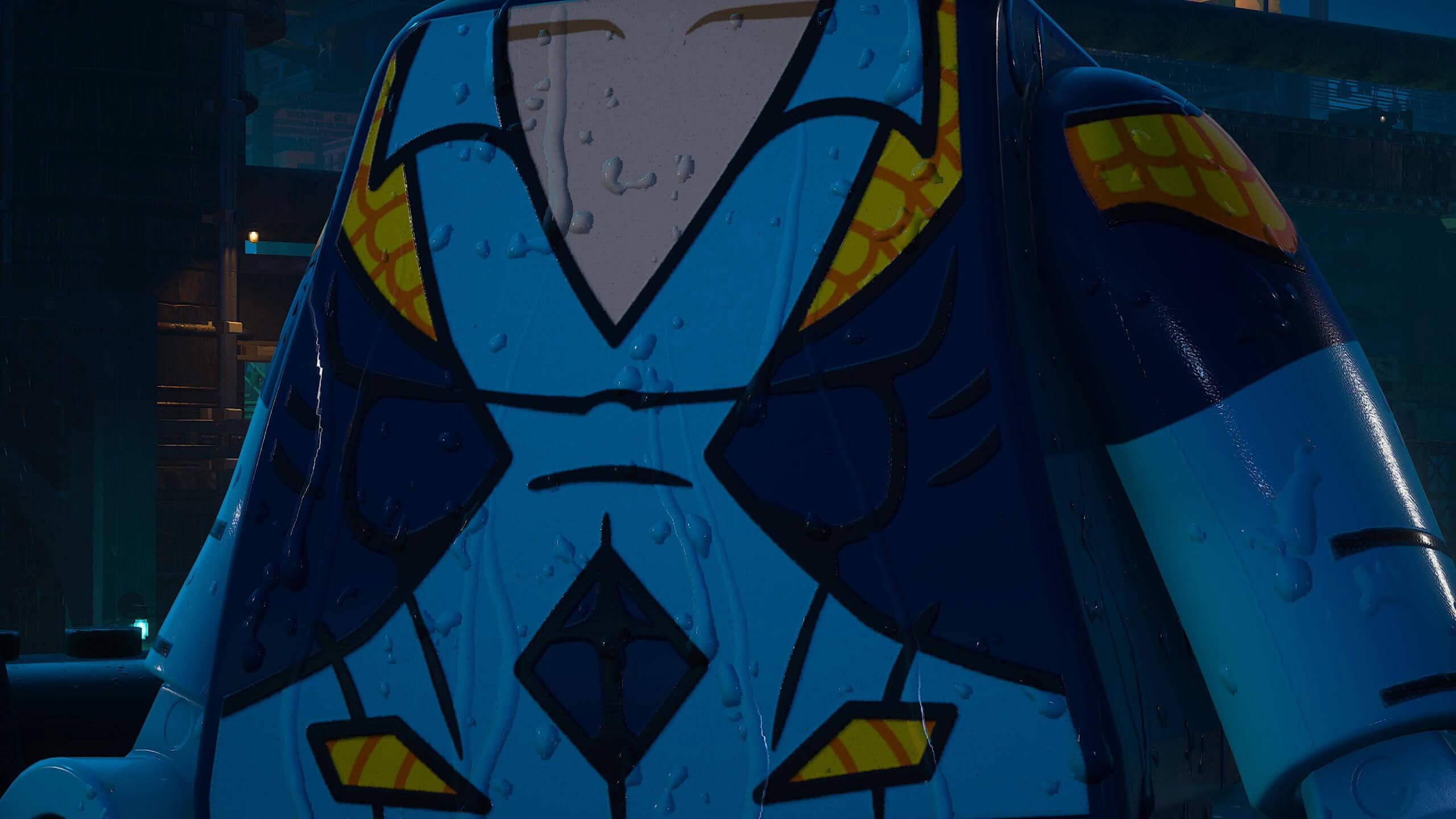 screenshot of the game showing a close up of nightwing with the water droplets cascading down