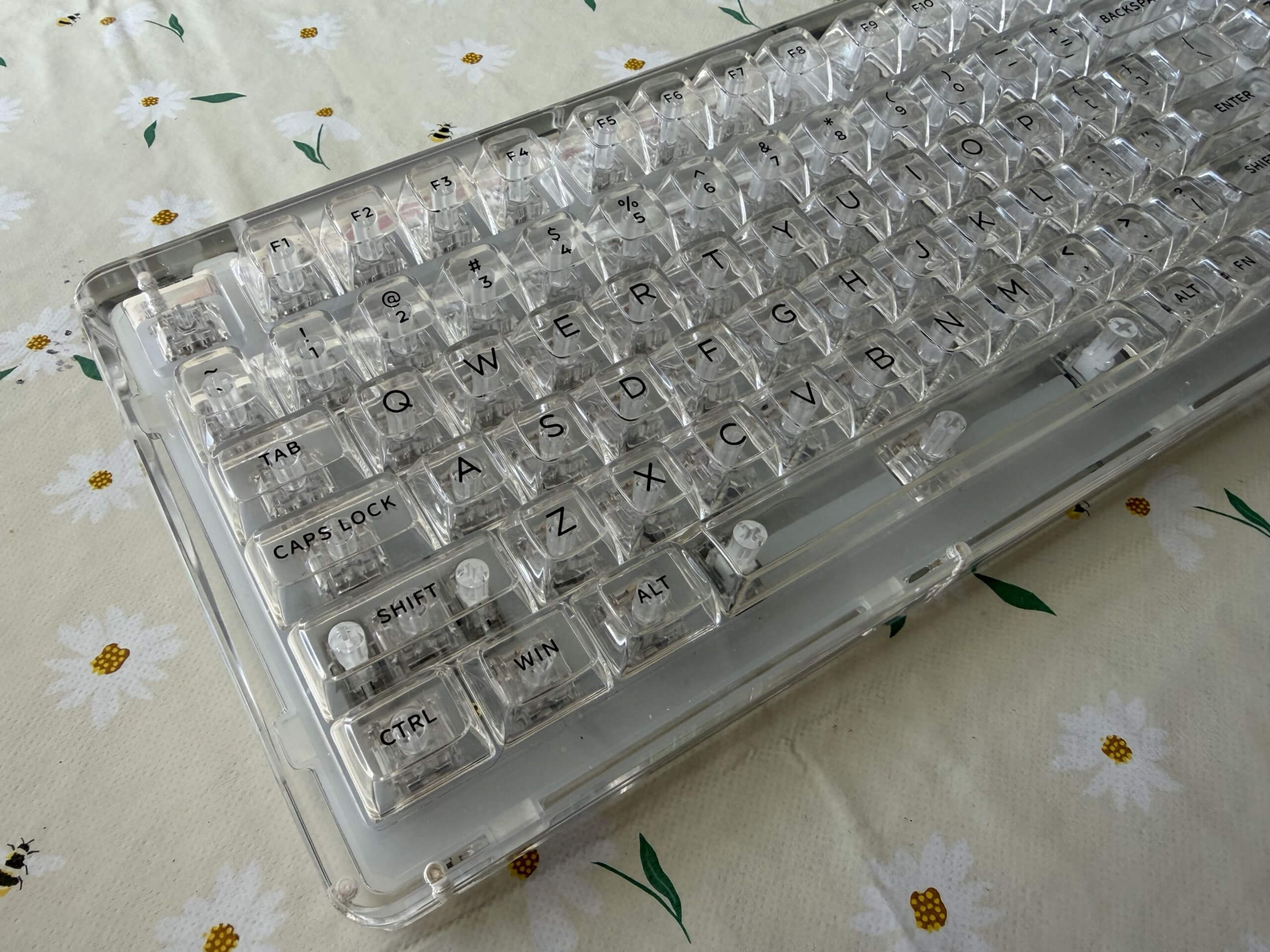 the images shows the phantom 98 close up showing the clear keycaps and deatils on the keyboard