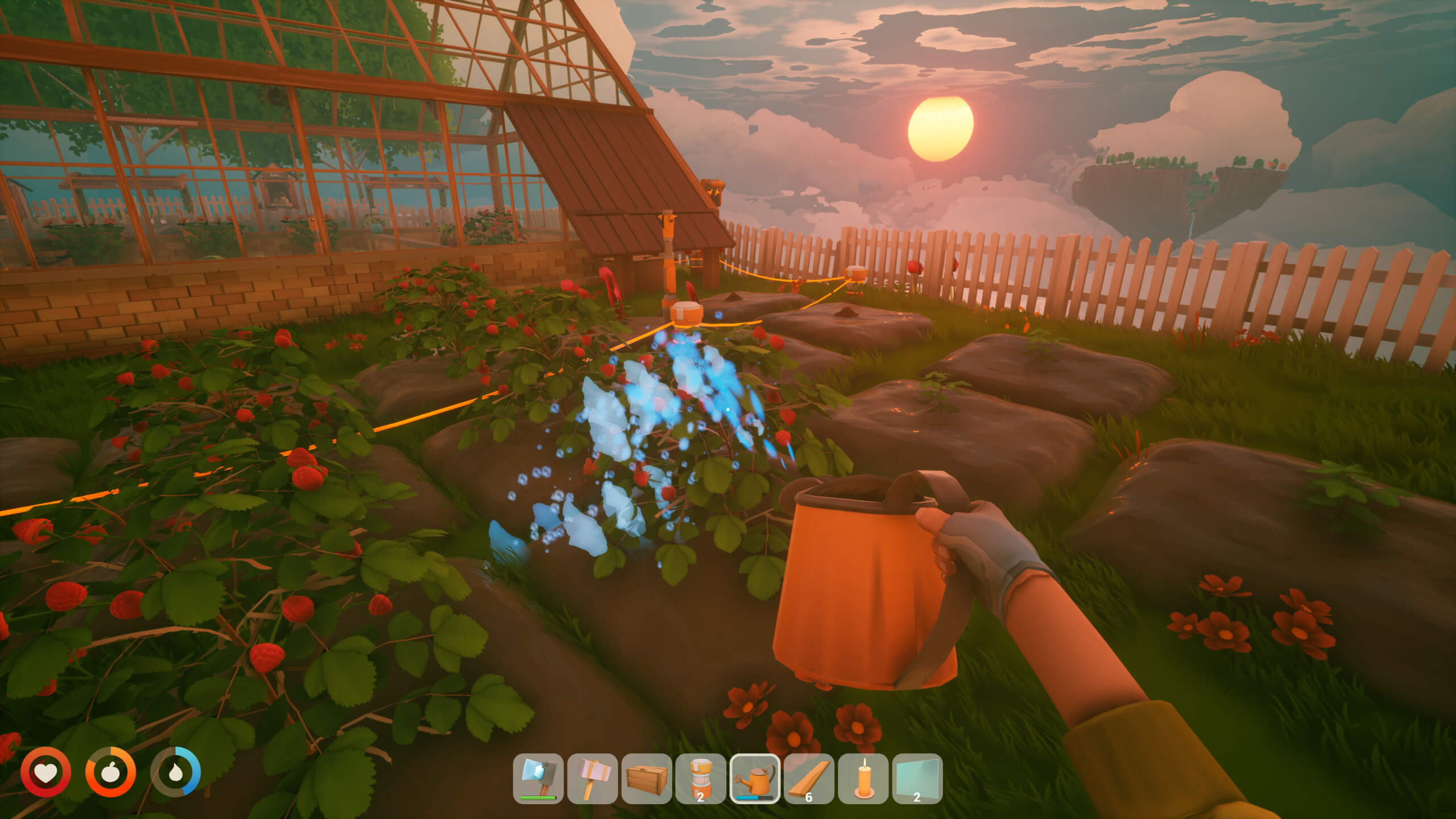 The player is using a watering can to water their berry plants. The sun is setting behind a sky island in the background, casting an orange glow across the players garden.