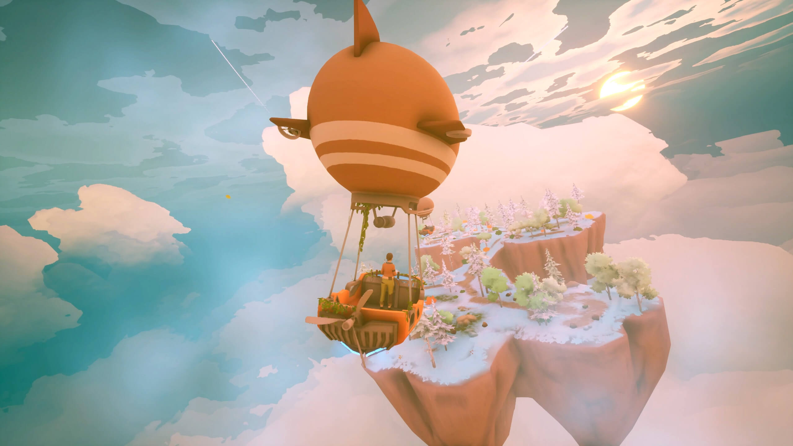 The player pilots their airship towards an island floating in the sky.