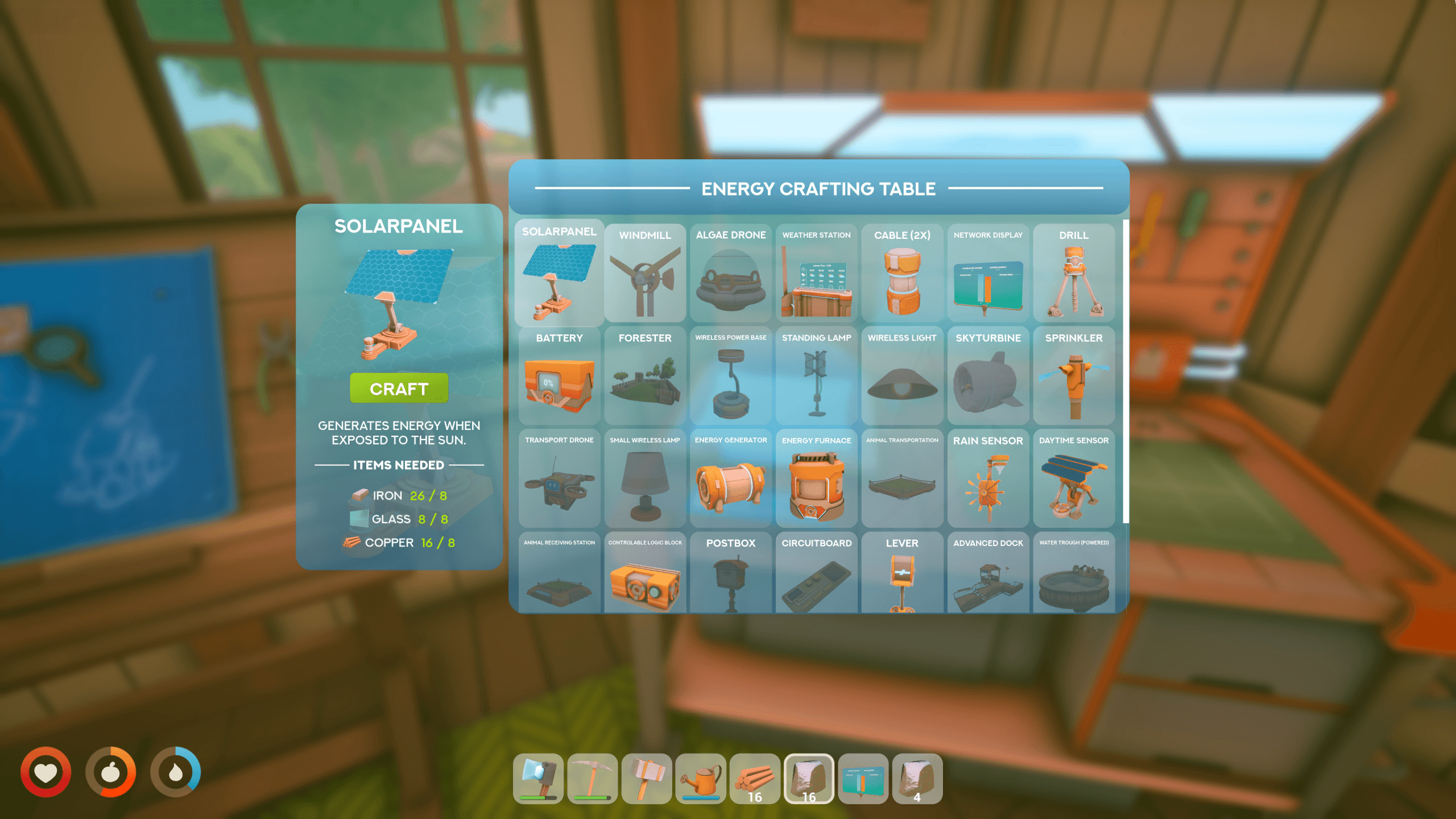 A grid view of the available items to craft at the energy crafting table. Items include a solar panel, windmill, and sprinkler