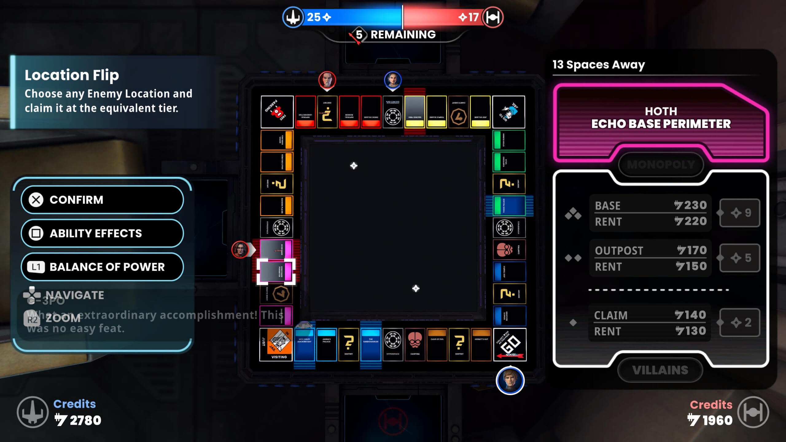 image of monopoly star wars showing a top view of the board with the text of hoth, excho base perimeter as well as the location flip ability readied. 