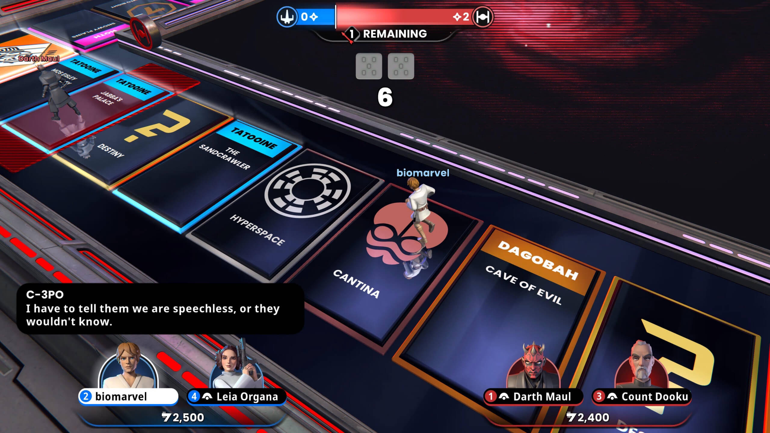 image from monopoly star wars showing luke running along the board with squares representing the cantina, tatooine, dagobah and also hyperspace on screen