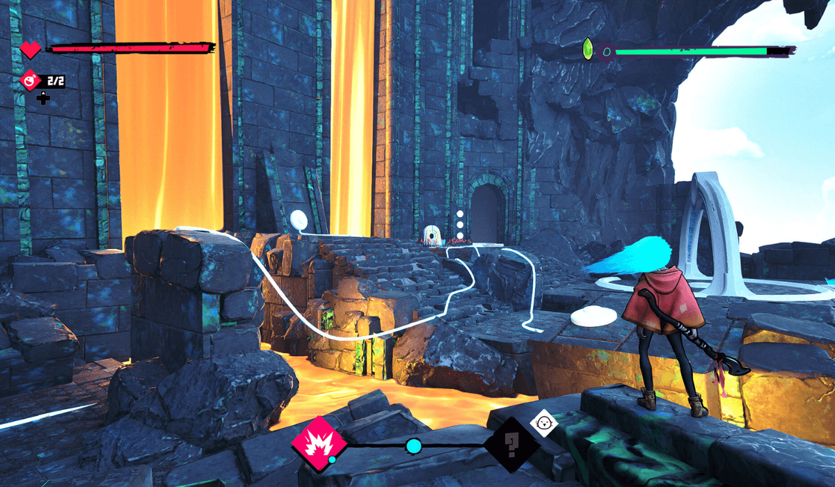 A woman with blue hair wearing a red cloak looks towards a lava waterfall in the side of a rock face.