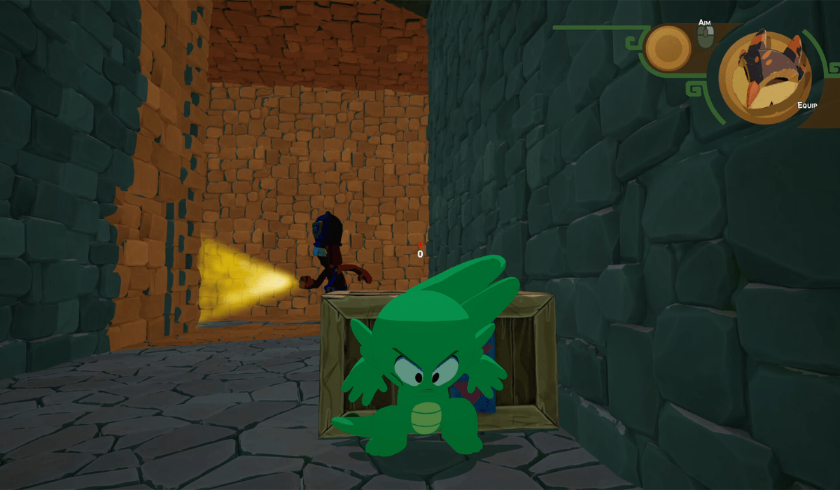 A green dragon-like creature hides behind a crate to avoid a policeman shining a flashlight.