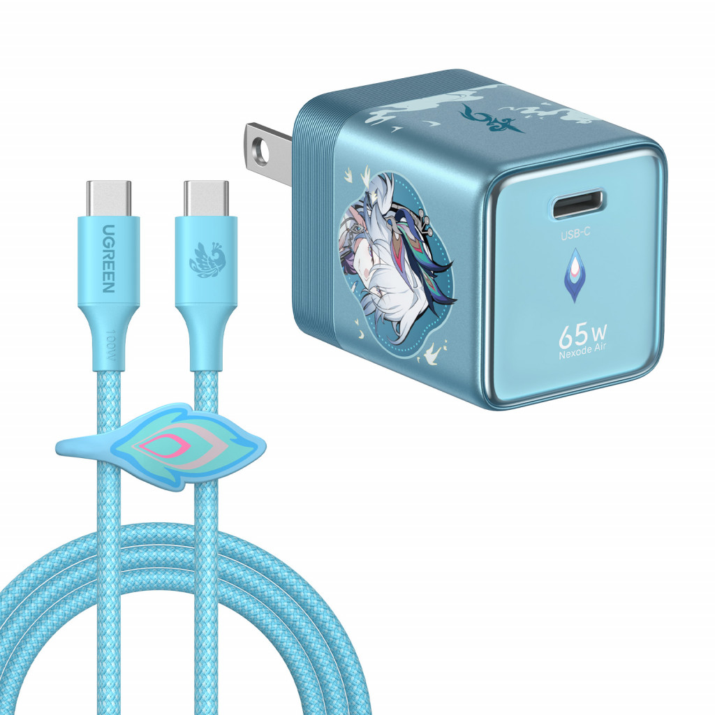 Official image of the UGREEN Nexode Air Charger Honkai Star Rail Edition. Blue UGREEN 65W USB-C charger and braided cable featuring a decorative design and a character illustration on the charger body.