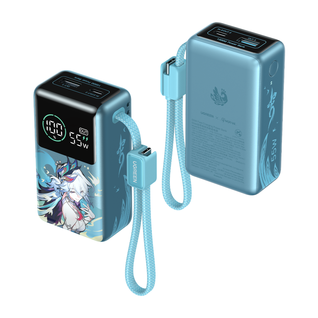 Official image of UGREEN Nexode Pro Power Bank Honkai Star Rail Edition. Two blue 65W UGREEN power banks with a digital display, wrist strap, and anime-style character artwork on one side.