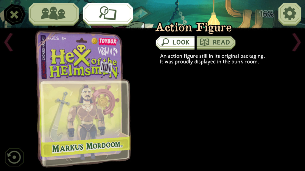 Video game screen showing an action figure "Markus Mordoom" in original packaging from "Hex of the Helmsman," with a description text.
