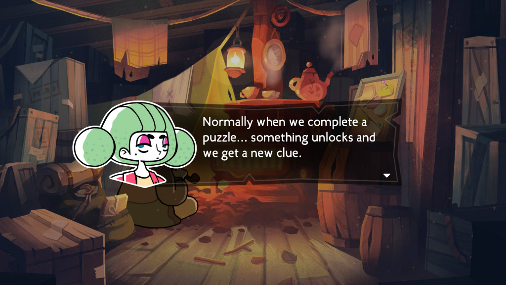 Cartoon character with green hair explains puzzle completion reveals new clues in a dimly lit, cluttered wooden room.