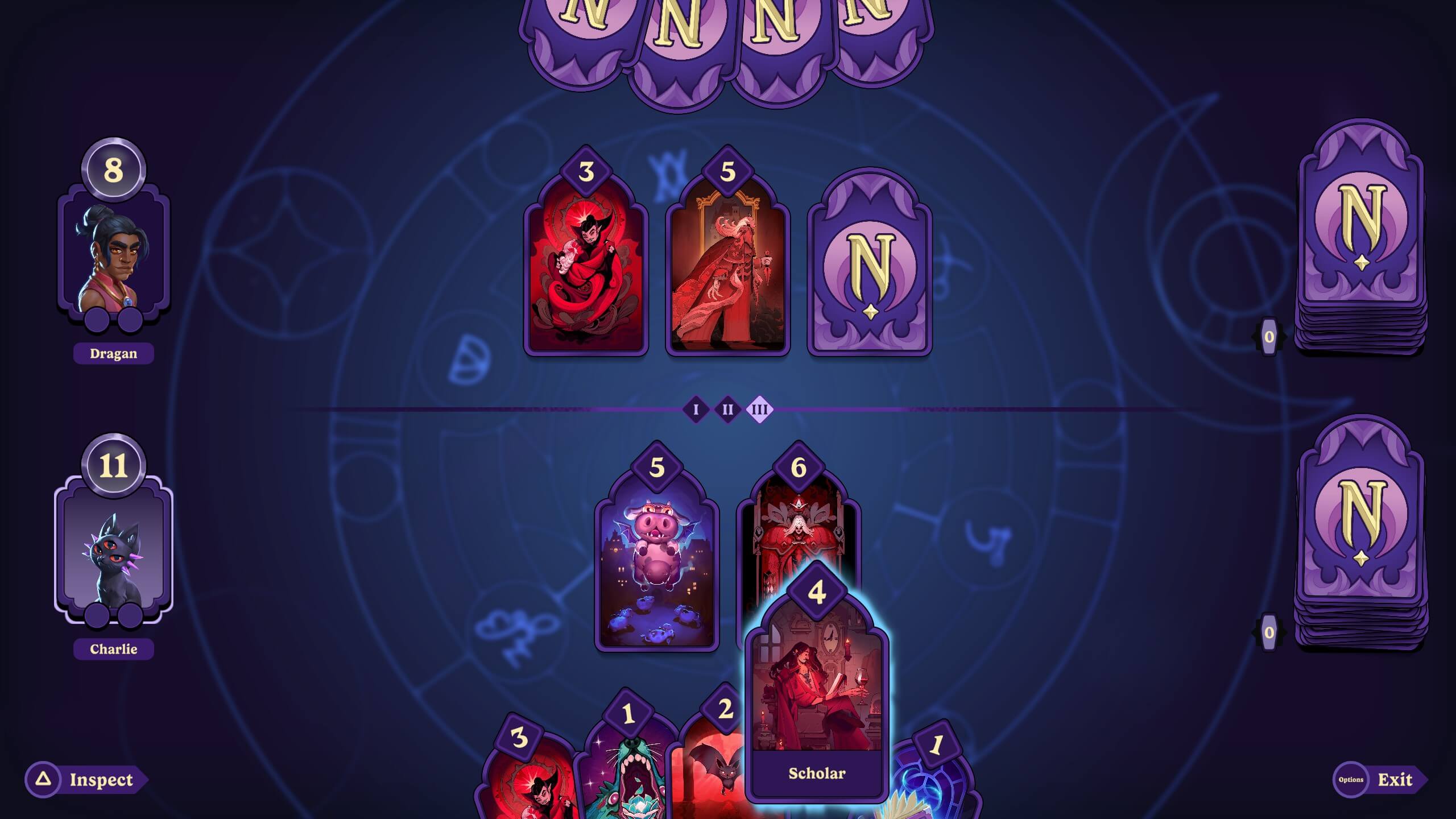 A screenshot of the card game Nokturna. The player character is winning.