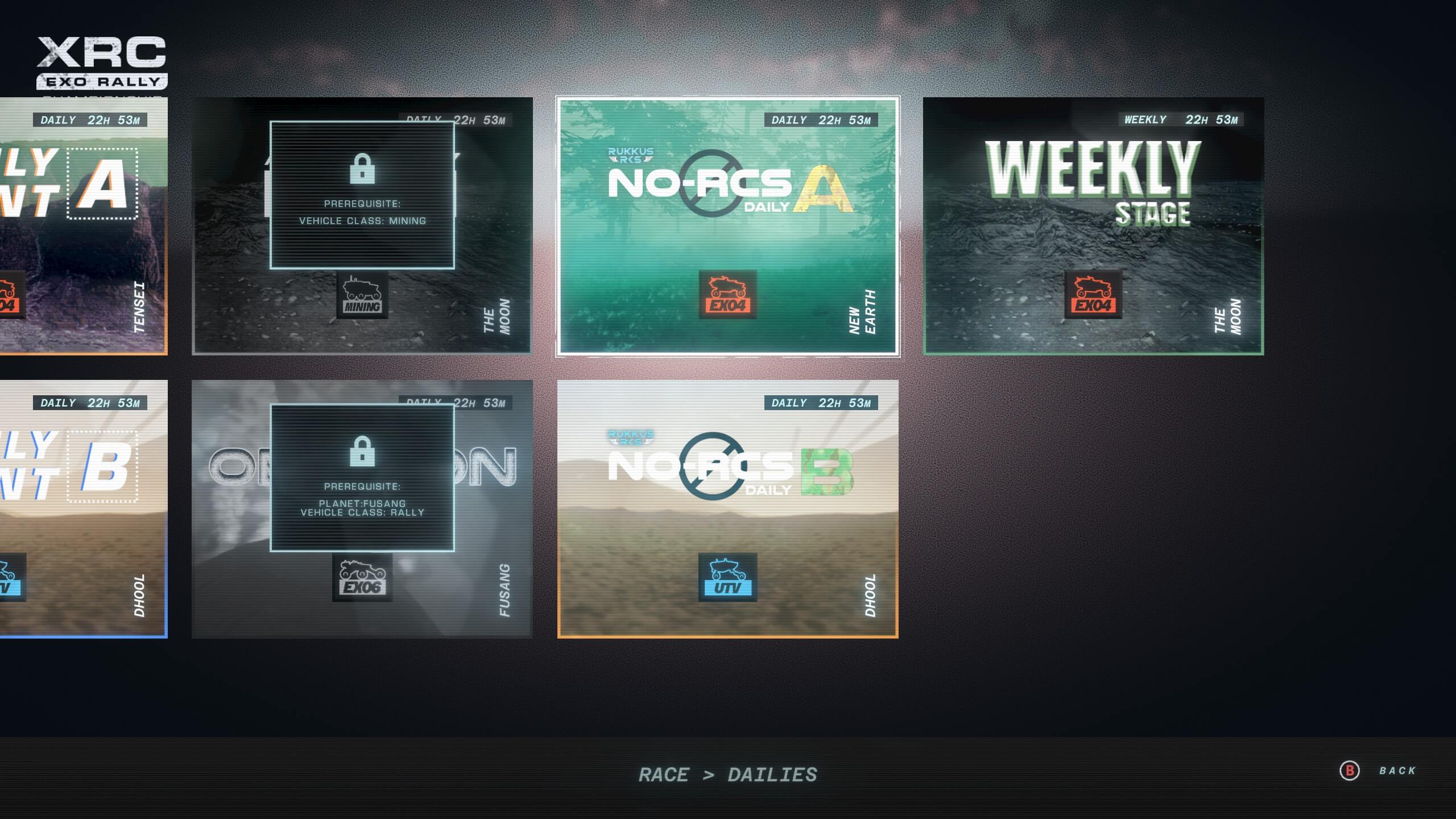 Game menu screen showing daily and weekly XRC Exo Rally race events with event types, locations, and vehicle class prerequisites.