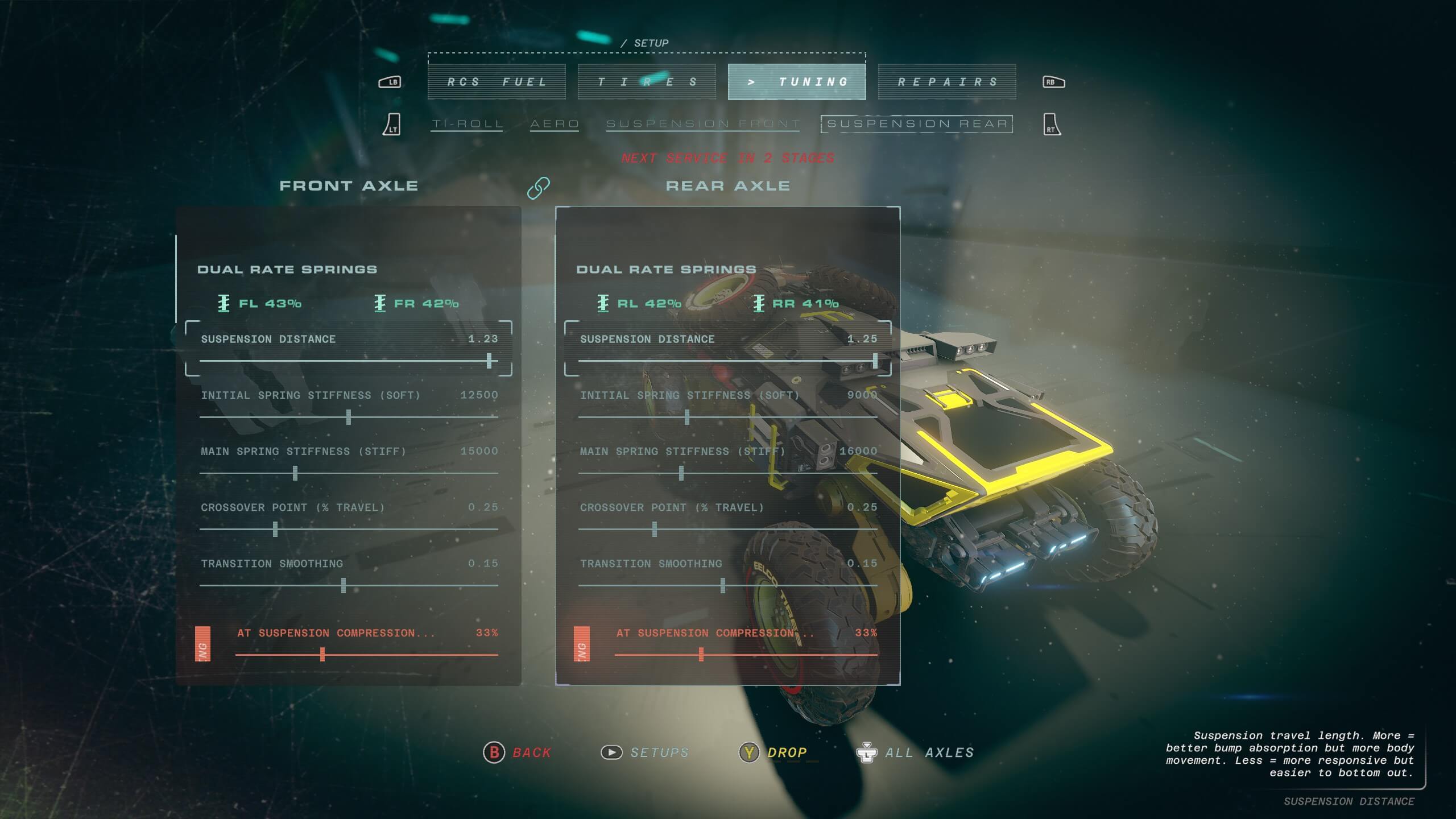 Tuning menu screen showing front and rear axle suspension settings with spring stiffness, travel, and compression data for a vehicle in a game.