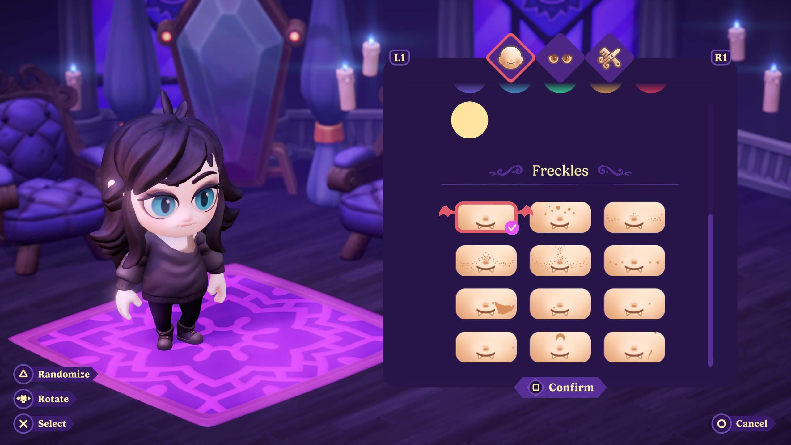 The character creator. A vampire with long black hair is standing to the left, on the right, customizaion options are listed.