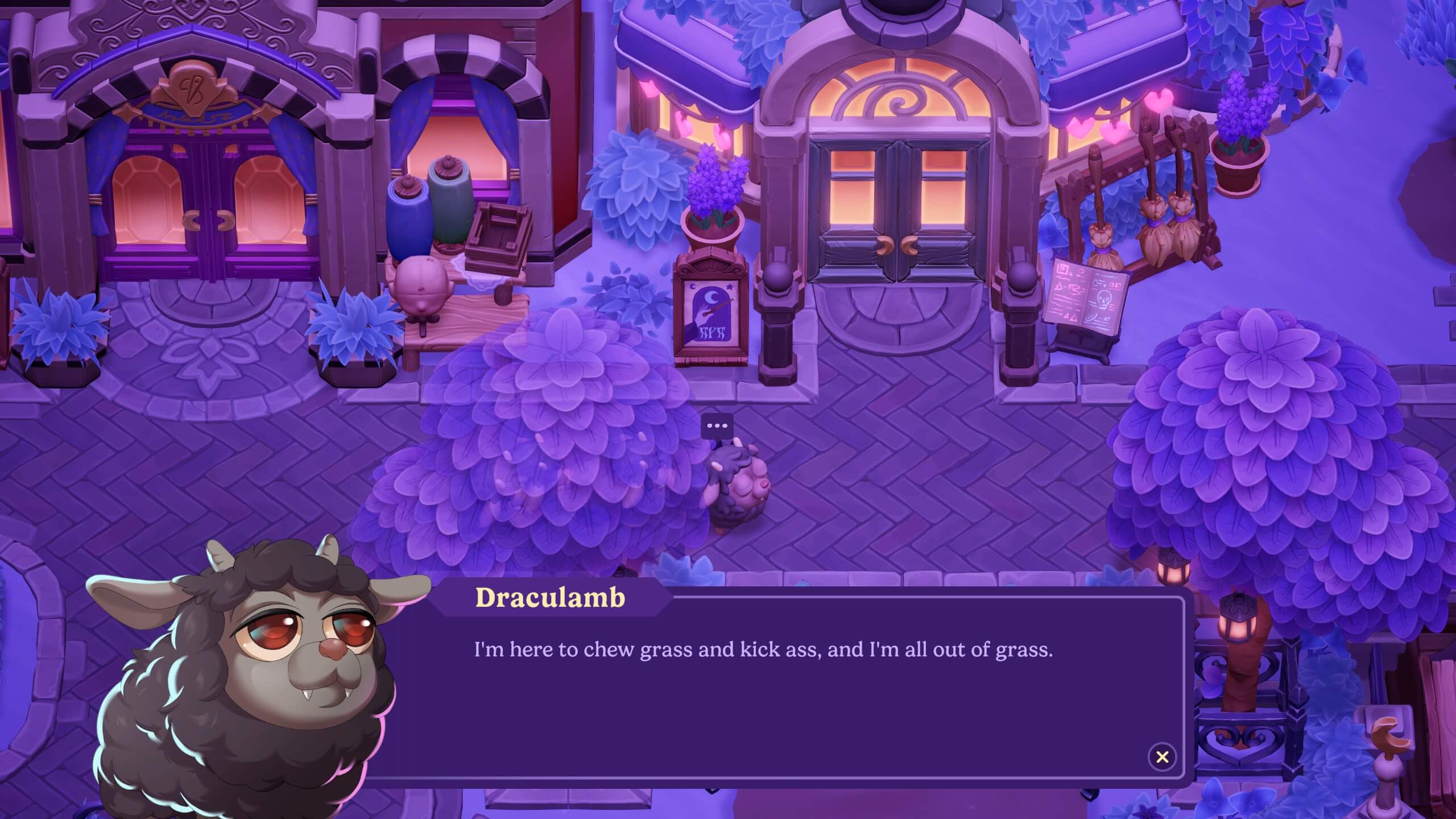 A draculamb that is revolting. It says "I'm here to chew grass and kick ass, and I'm all out of grass."