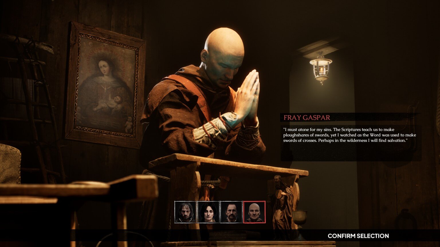 A man in what looks to be priests attire. Behind him is a protrait that looks to be of a man holding a new born child with a glow showing a crown. To the right is a text in red which says "Fray Gaspar" that is the name of the current character. Below is a small text box in white giving a brief bio on his background. In the centre at the bottom of the screen are four portraits for the other characters the player can select.